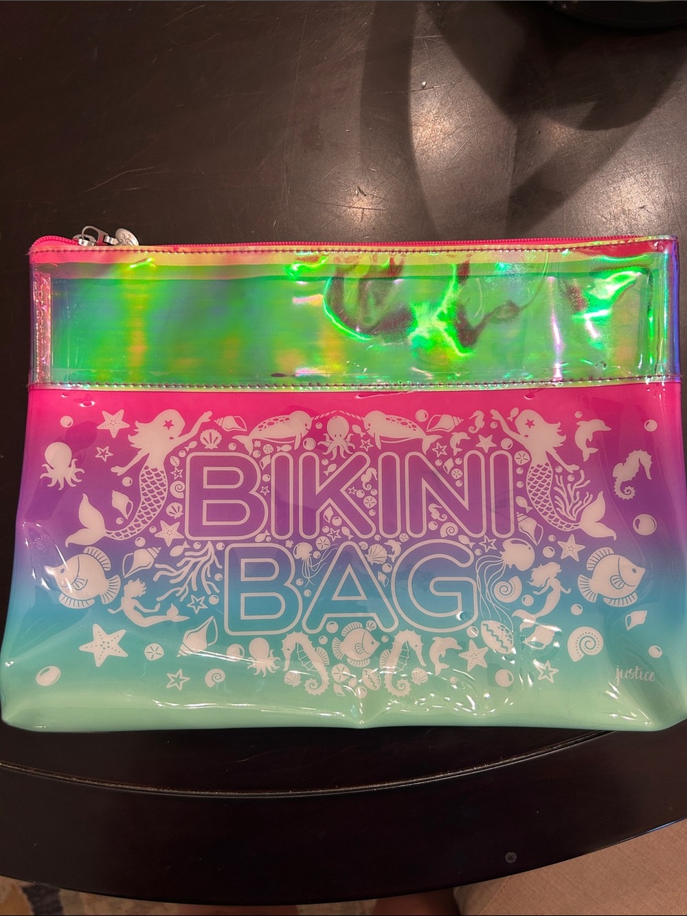 Justice Iridescent Pink to green Bikini Bag Pouch for wet swimsuit